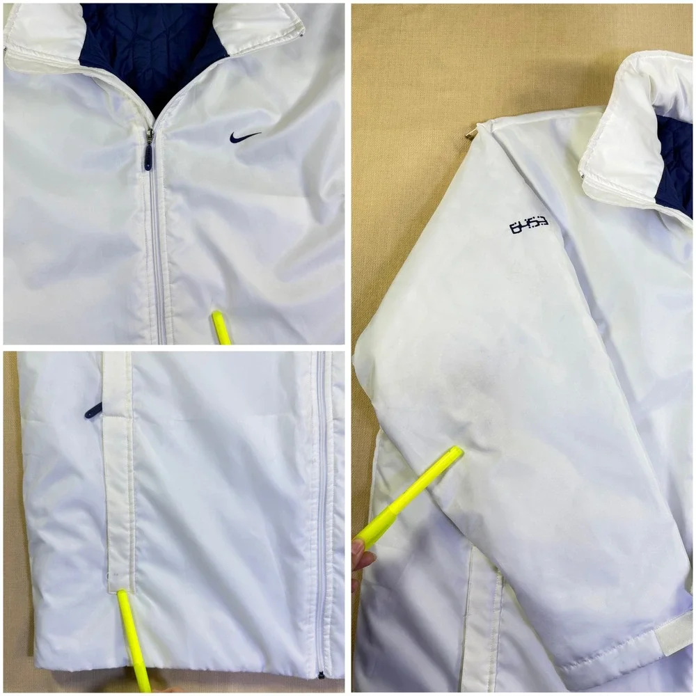 Nike 6.4.5.3. Mens XL White Insulated Full Zip Jacket Blue Quilted Lining Hooded